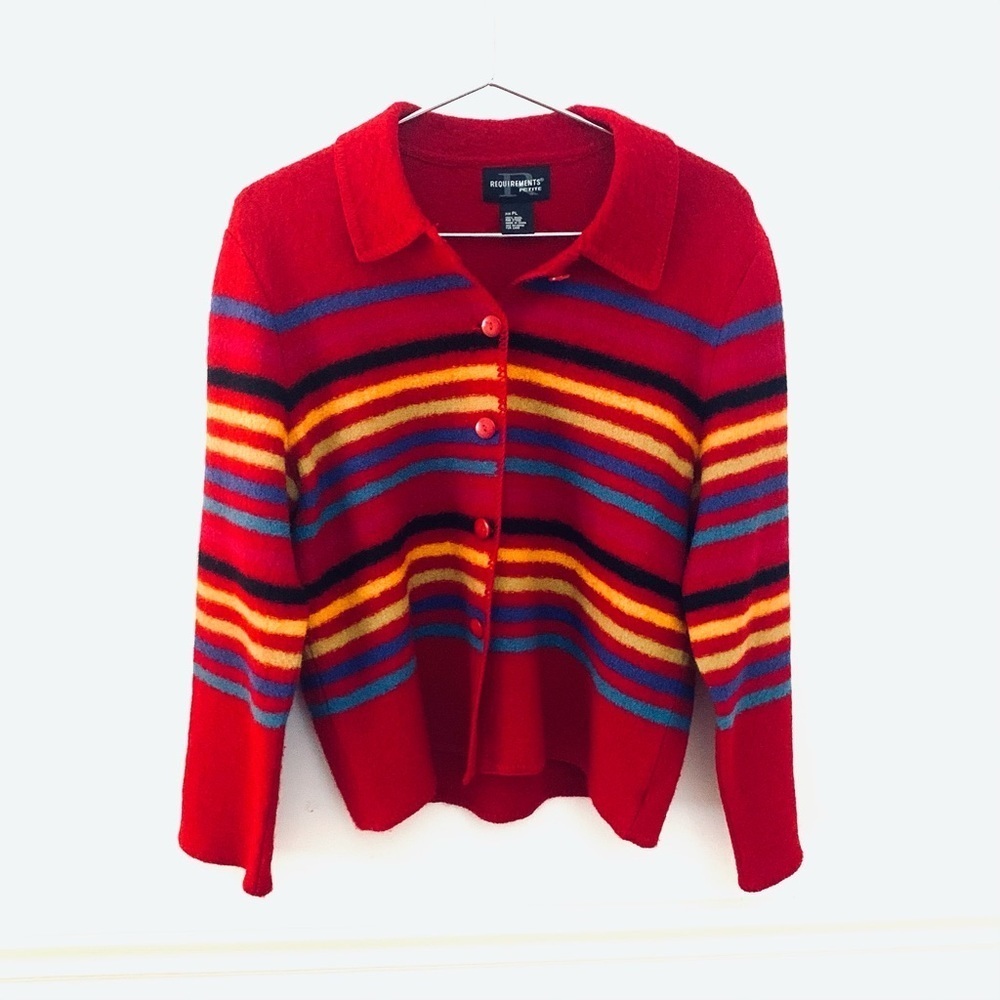 REQUIREMENTS Petite Vintage Boiled Wool Cardigan Sweater, Red Multi Striped